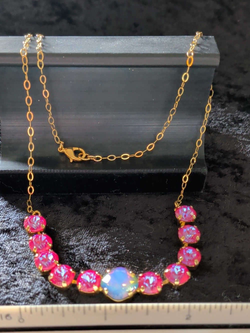 Vibrant Fuchsia Pink & Iridescent White Opal Statement Necklace | 18" Gold Tone